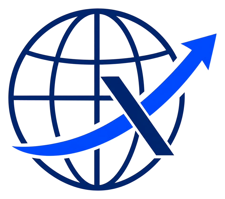 Icon mark: a globe crossed by a rising arrow